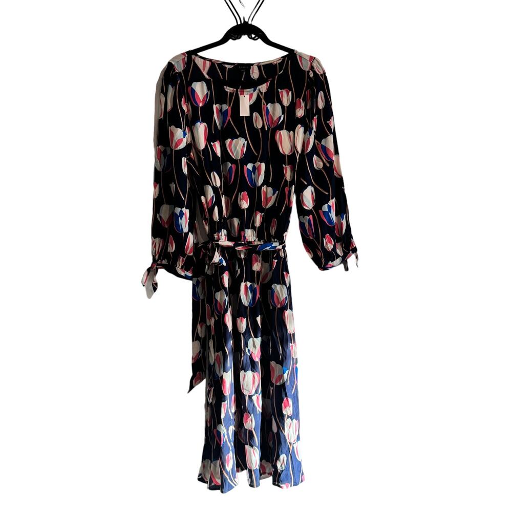 New Talbots Fit & Flare Dress Blue Boat Neck Belted Waist 3/4 Sleeve Sz L